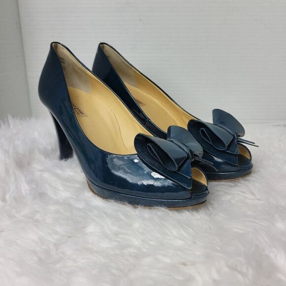 Paul Green Women's Pump Size 8.5 Royal Blue Patent Leather Bow Open Toe Back - Picture 1 of 8